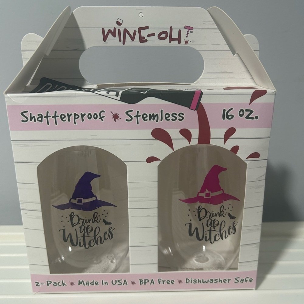Halloween Drink up Witches Shatterproof Plastic Stemless Wine Glasses (Set of 2)